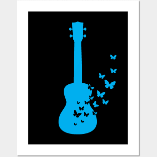 Ukulele Silhouette Turning Into Butterflies Blue Posters and Art